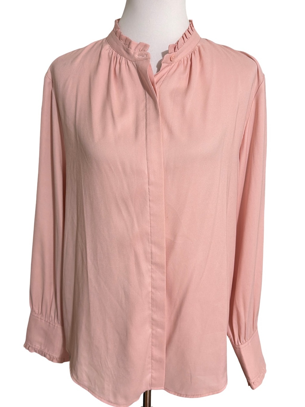 Ann Taylor Blush Button Front Blouse Ruffle Neck